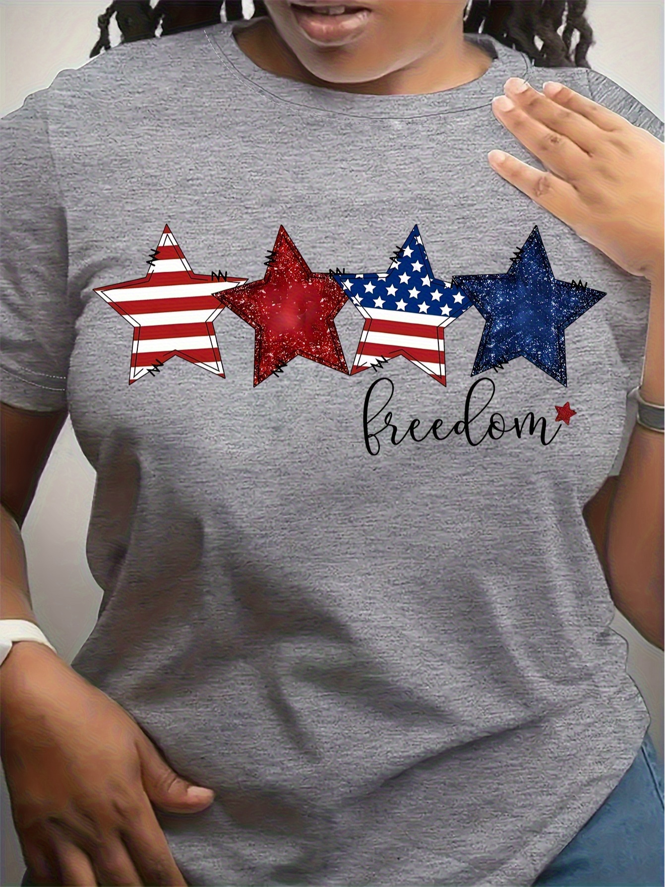 womens patriotic   t shirt plus size bohemian round neck short sleeve     red shiny stars and     machine washable easter mothers day gift american flag shirt   soft fabric