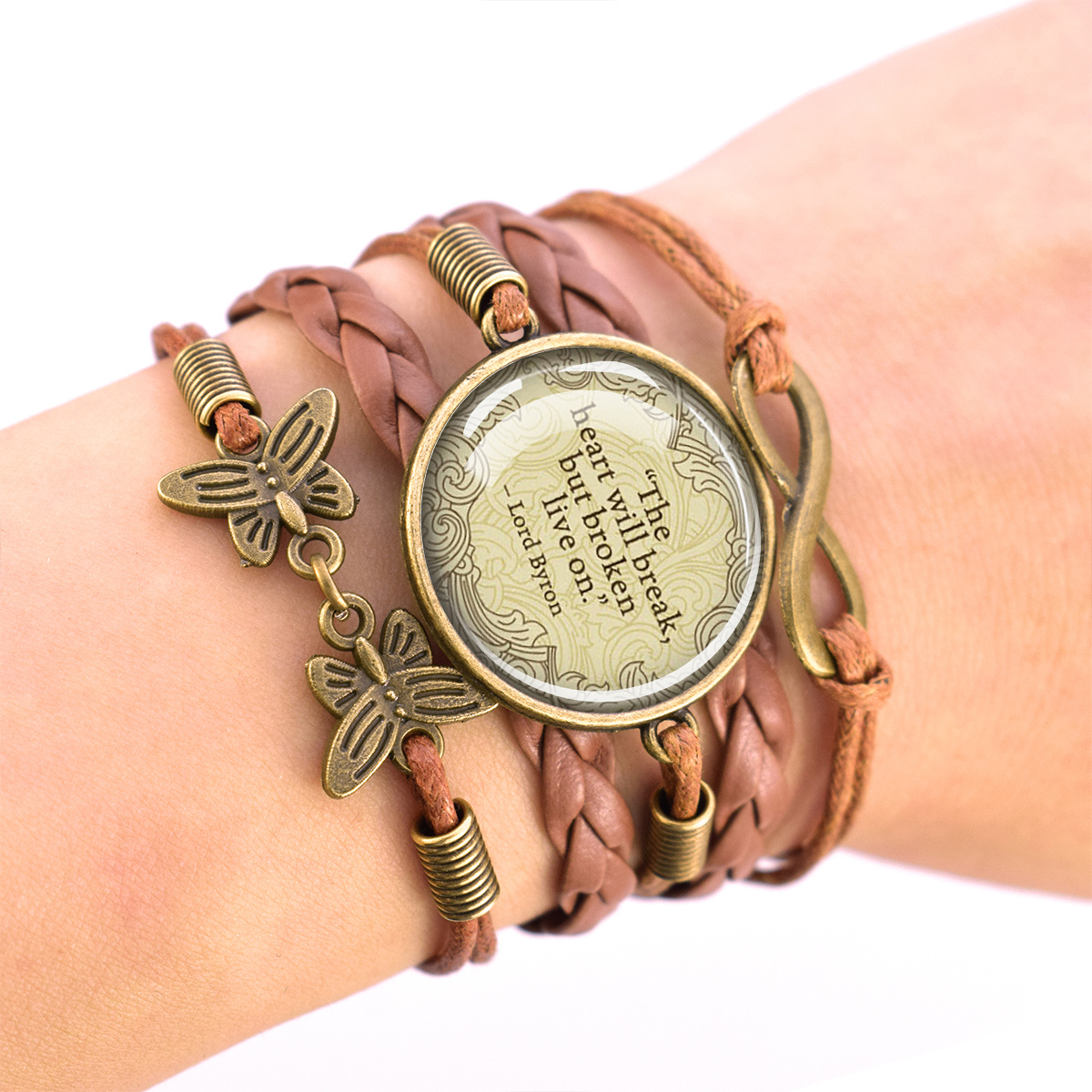 Adjustable Vintage Brown Bracelet with Dome Glass Inlay
