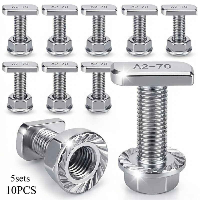 TEMU 5 Sets (10pcs) Of M8 T-shaped Screw Set - Square Head T-shaped With Anti Loosening Flange Nut - Suitable For Car Roof Luggage Rack , Solar