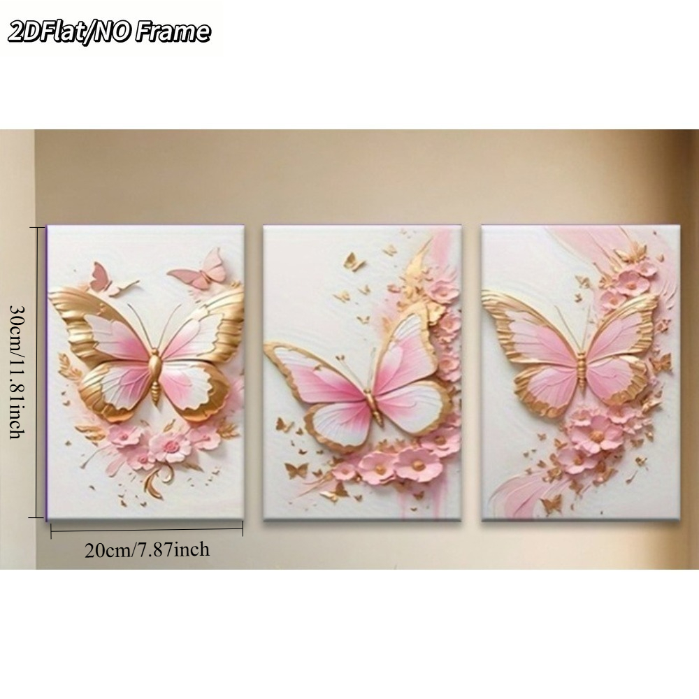 TEMU 2d Flat, 3pcs Frameless Vertical Pink Wall Art Decor - Modern Minimalist Suitable For Living Room, Bedroom, Bathroom, Office - Elegant Floral
