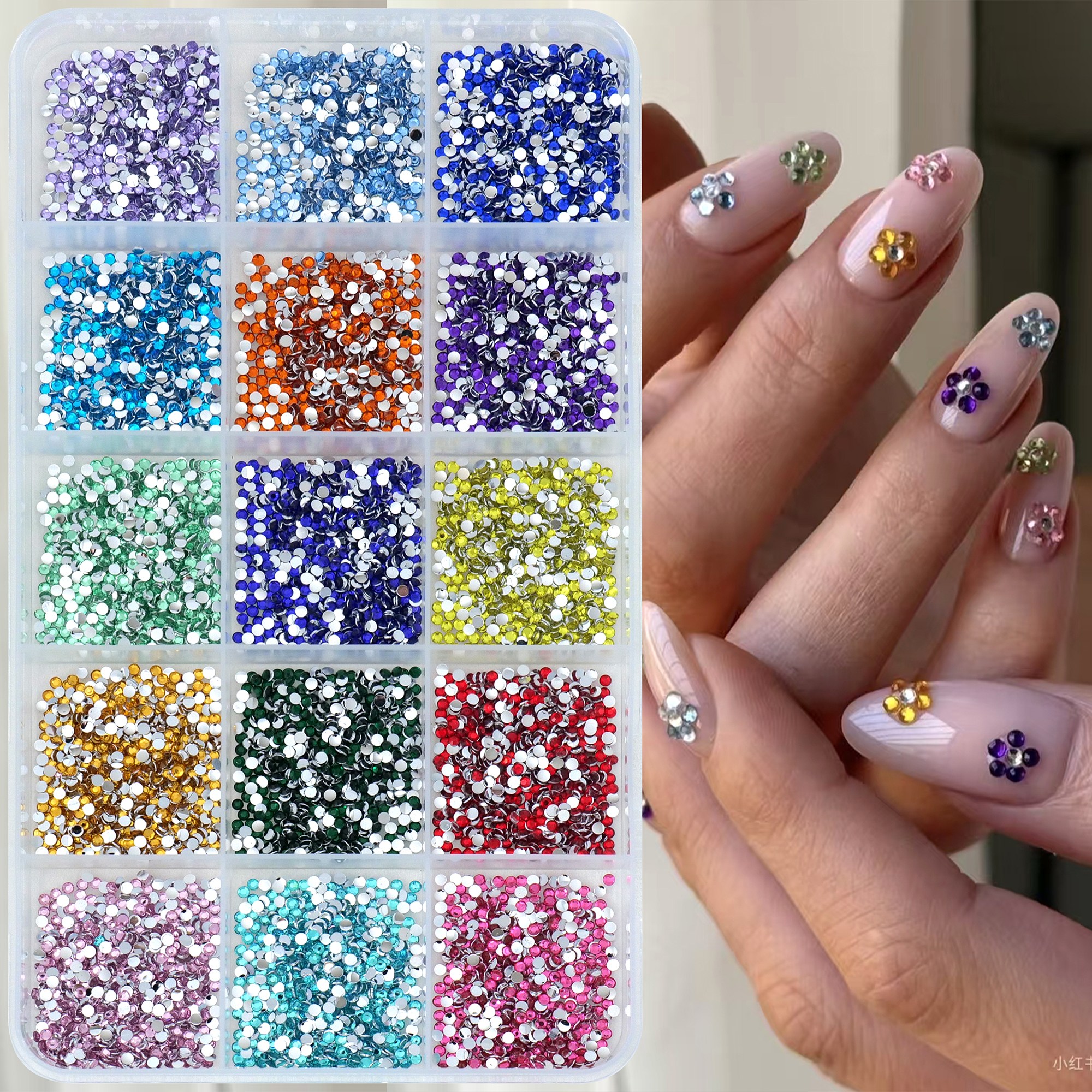 Image of 6000pcs 2mm Resin Rhinestone Kit Summer Gemstone Art Decoration Accessories, Nail Art Mixed With Flashing Flat Bottom Nail Accessories