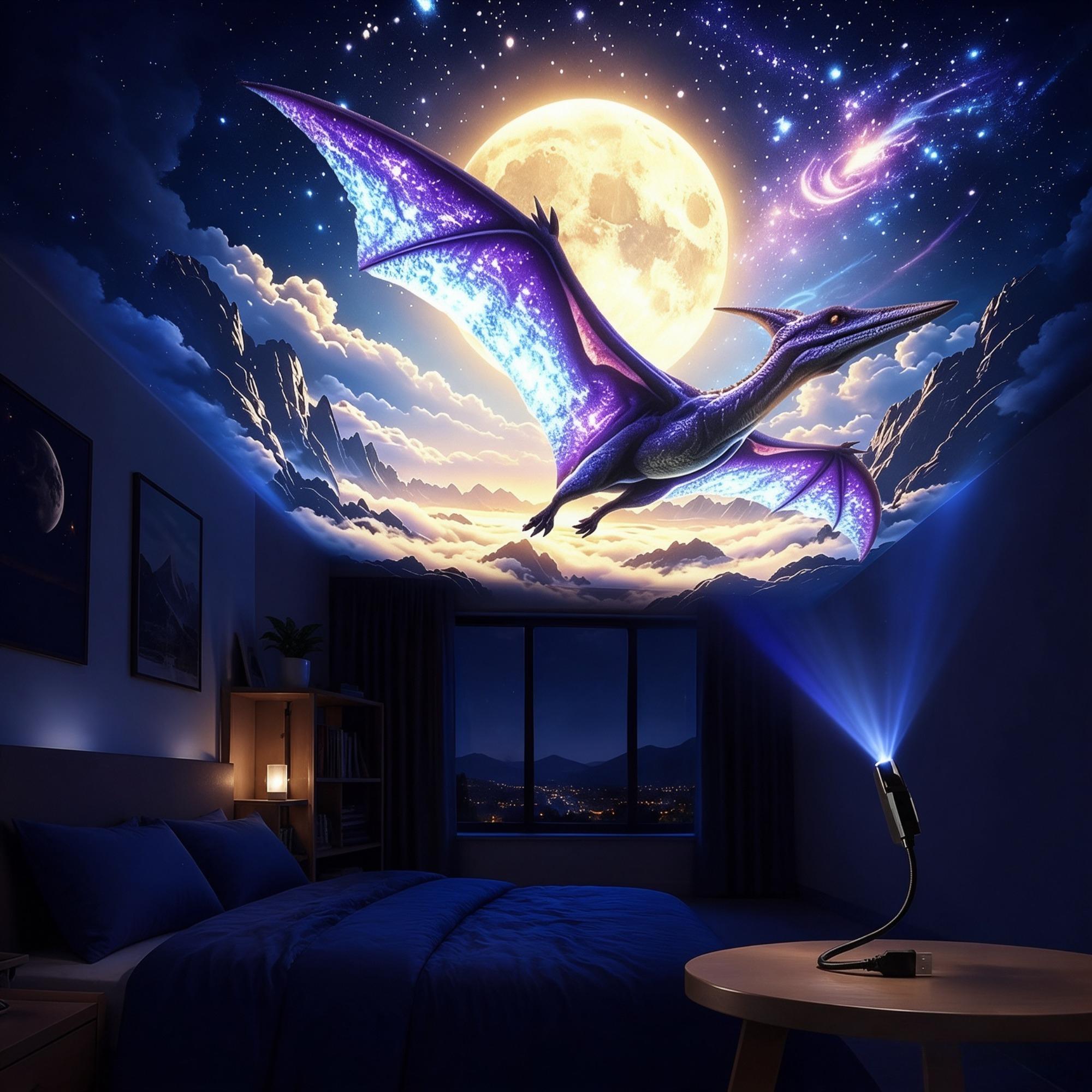 TEMU Lampe de projection ciel étoilé dinosaure Plug And Play, équipée de 5 diapositives interchangeables et de support flexible à col de cygne,