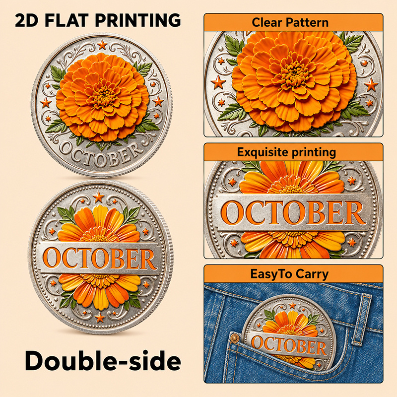 TEMU 1pc, 2d Flat Printing, October Marigolden Birth Flower Coin, Symbol Of Warm Joy, Wishes, , Secure Good Luck And Lasting , Portable Pocket Coin