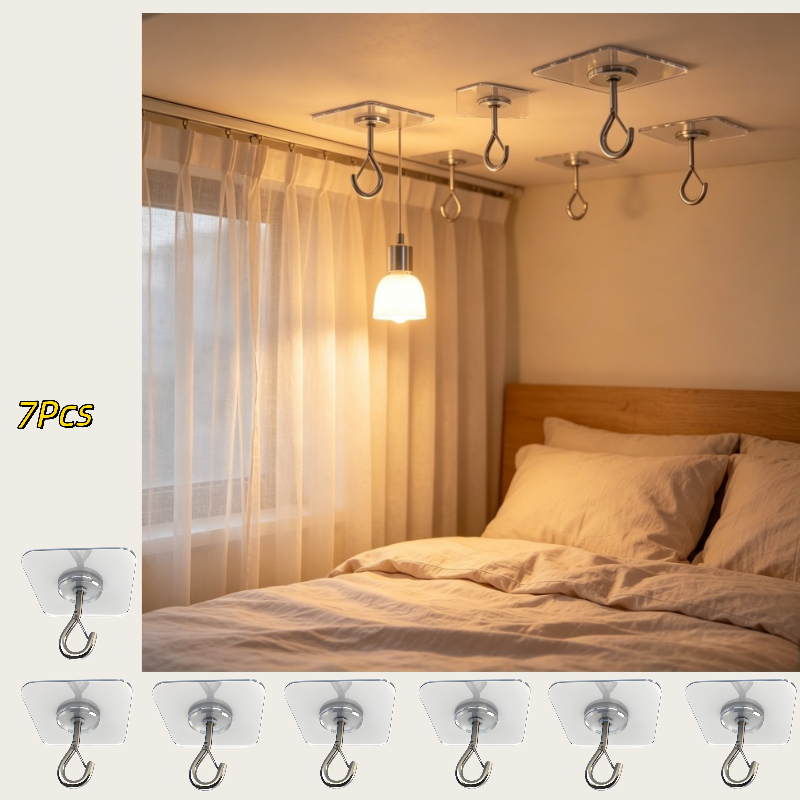 TEMU 7/12pcs High-end Heavy-duty Adhesive Ceiling Hooks, No Drilling Required. Hanging Plants, Lights, Curtains, And Wind Chimes Without Damage. Full