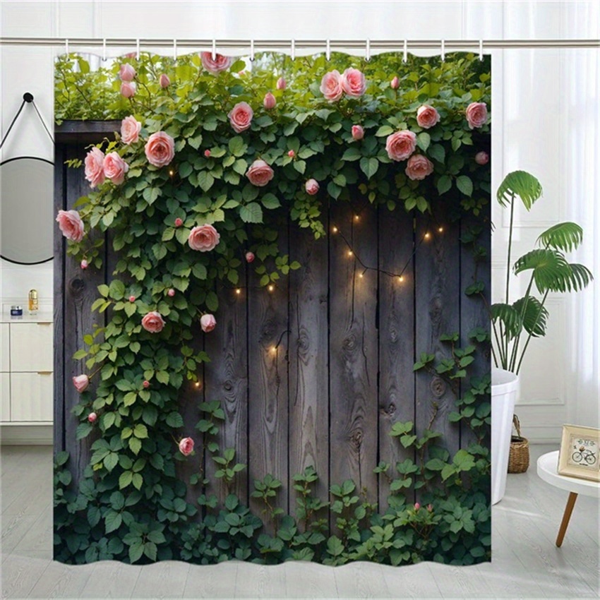 TEMU 1pc Rustic Fence Roses Shower Curtain Wooden Fence Ivy Pink Roses Fairy Lights Garden Setting Bathroom Decoration Polyester Home Decor For
