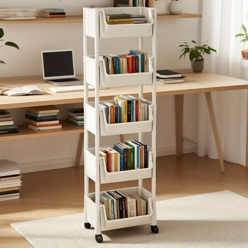 five layer bookshelf rack 12 month use movable table trolley floor standing desk organizer for books supplies storage with pen holder and file shelf Product details 1