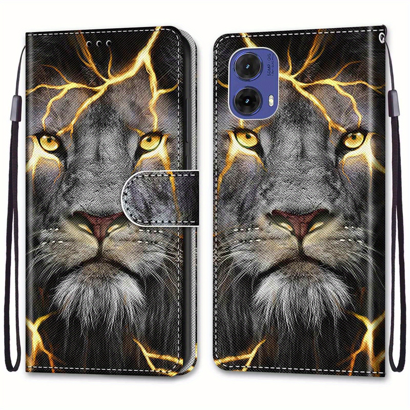 TEMU Phone Case: Fission Lion Creative Painted Minimalist Women'-fold Faux Leather Flip Cover Phone Case With Lanyard, Card Slot, Stand, And Wallet