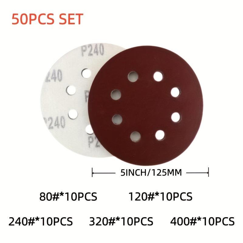 TEMU Lot de 50/80 pièces de 5 pouces à 8 trous -- Grain 80/120/240/320/400 -- Parfait pour ponceuse aléatoire !
