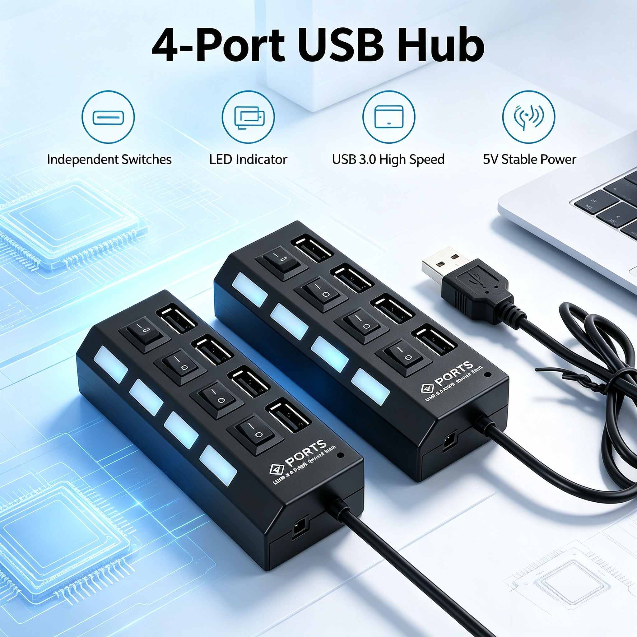 TEMU 2pcs 4-port Usb 3.0 , Usb Splitter With Individual Switches And Led Indicator Lights, 5v Stable Power Supply, Working Usb Expander For Laptop Pc