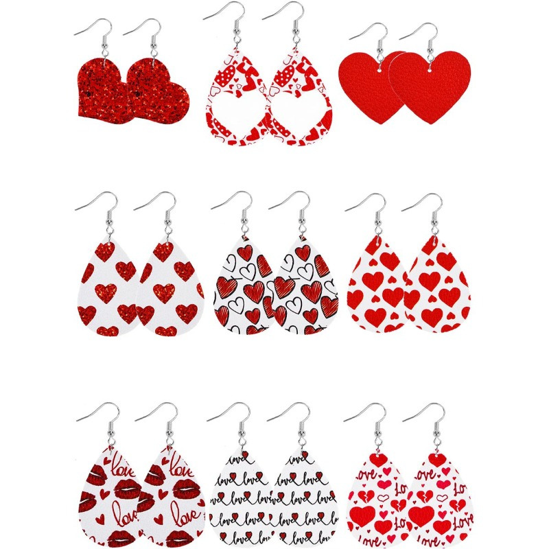 

9 Pairs Of Valentine's Day Leather Earrings, Drop Heart Cute Patterns Dangle Earrings, Assorted Love Themed & Gift For Women