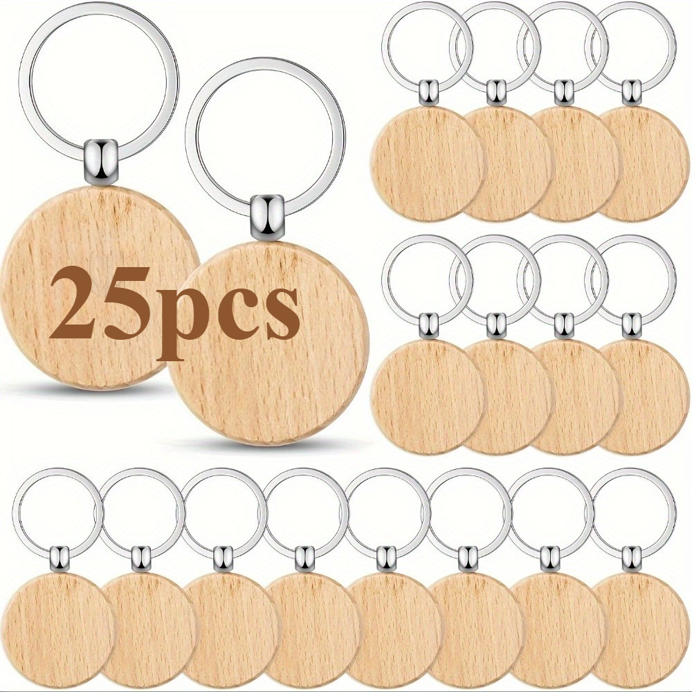 Image of Dofiki 25pcs Wooden Keyring Blanks Laser Engraved Blanks Wooden Blanks Keychains Bulk Unfinished Wooden Keyrings Key Tags Diy Gift Crafts (rectangular & Round)