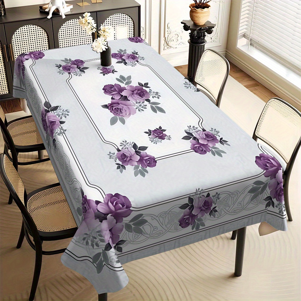 

Elegant Purple Floral Print Tablecloth, 100% Polyester, Machine Woven, Rectangular, Waterproof, Oil-resistant, Heat-resistant, With For Dining And Tea Table, Ideal For Parties