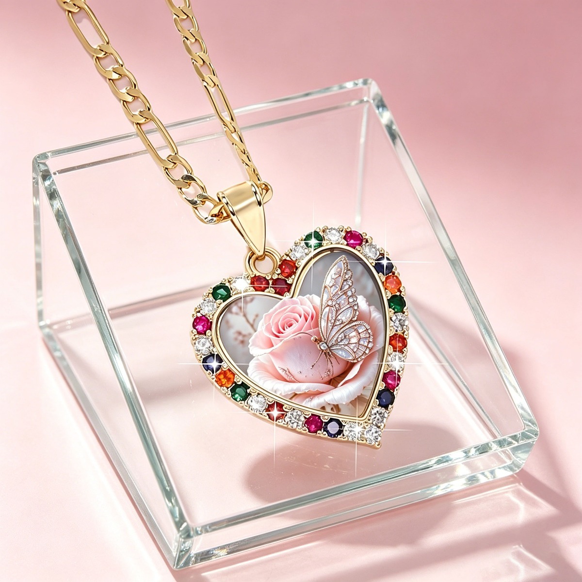 Women's Vintage-Style Pink Rose Pattern Stainless Steel Pendant Necklace