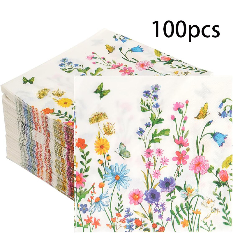 E-shop 40/60/80/100 Stk. Wildblumen-Servietten mit Schmetterling, Einweg-Papierservietten für Frühlings-Gartenparty, Deko-Zubehör für Babyparty,