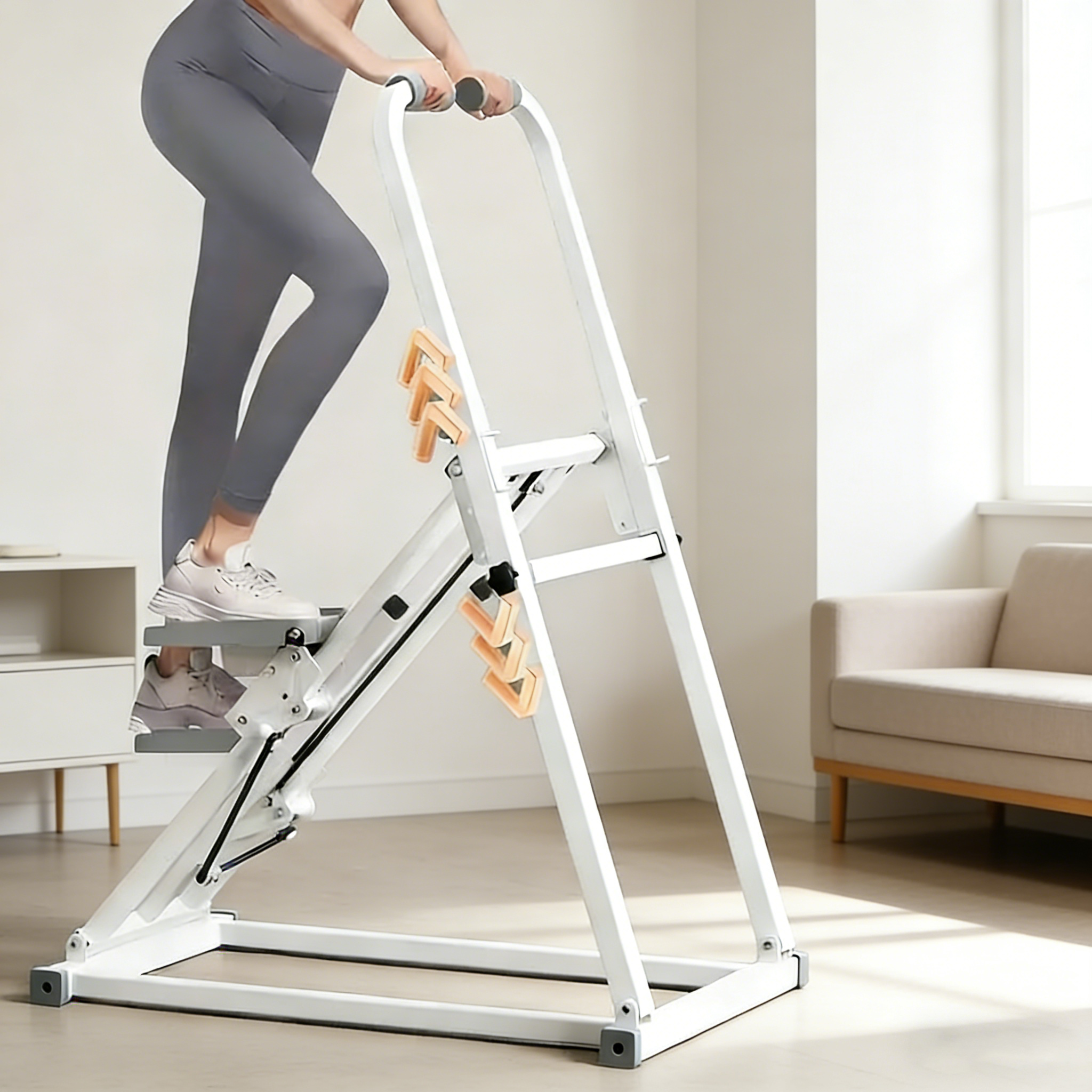 An Adjustable-height, Foldable Stair Stepper with a Heavy-duty Iron Frame, Designed for Manual Low-impact Full-body Workouts. Features a Space-saving Design, Ideal for Home Gym Cardio and Strength Training. A Dedicated Indoor Climbing Stepper