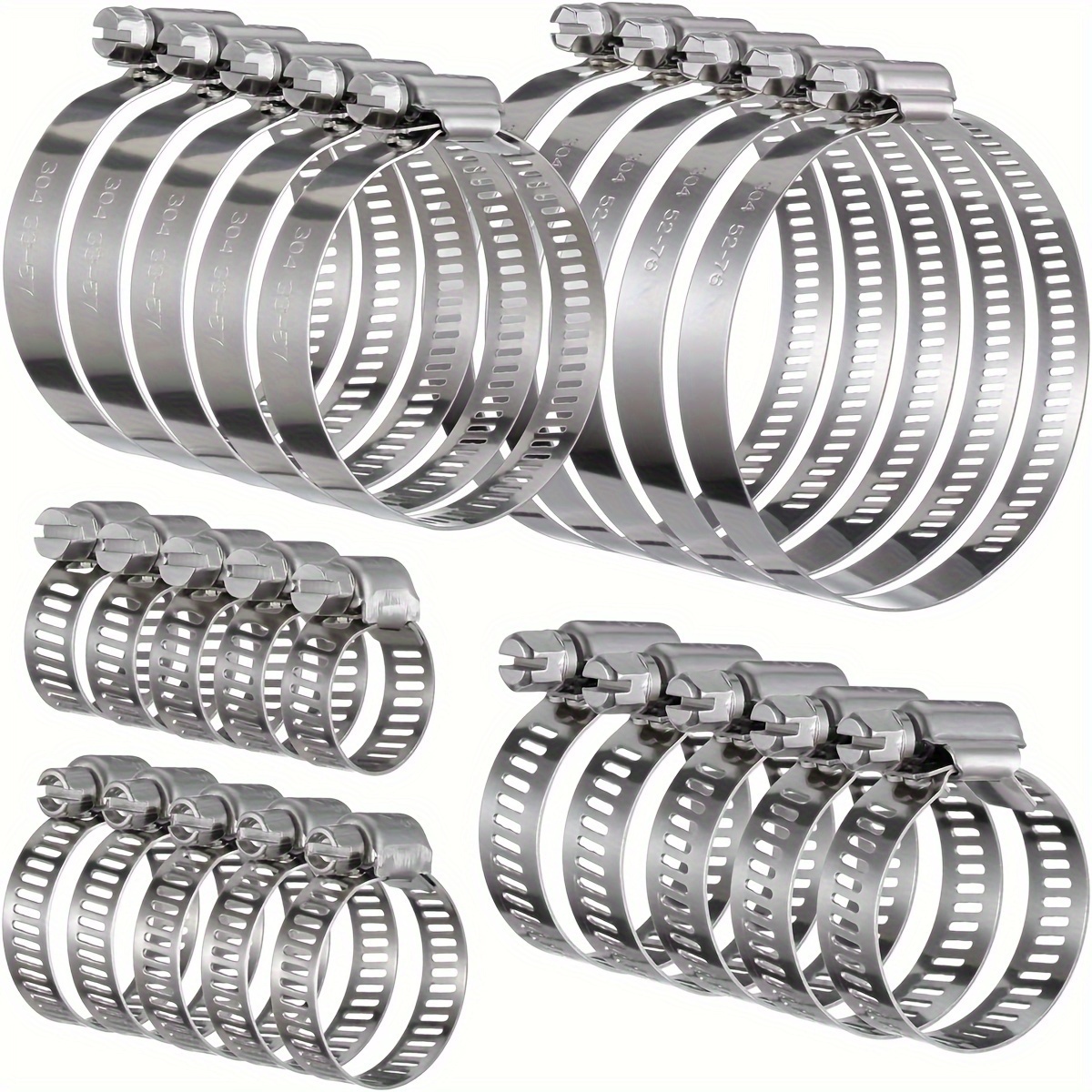 TEMU 25pcs Stainless Steel Hose Clamp Combo Set - Adjustable Screw Gear Spiral Clamp (grade 304), Suitable For 10 Types Of Water Pipes In Automotive