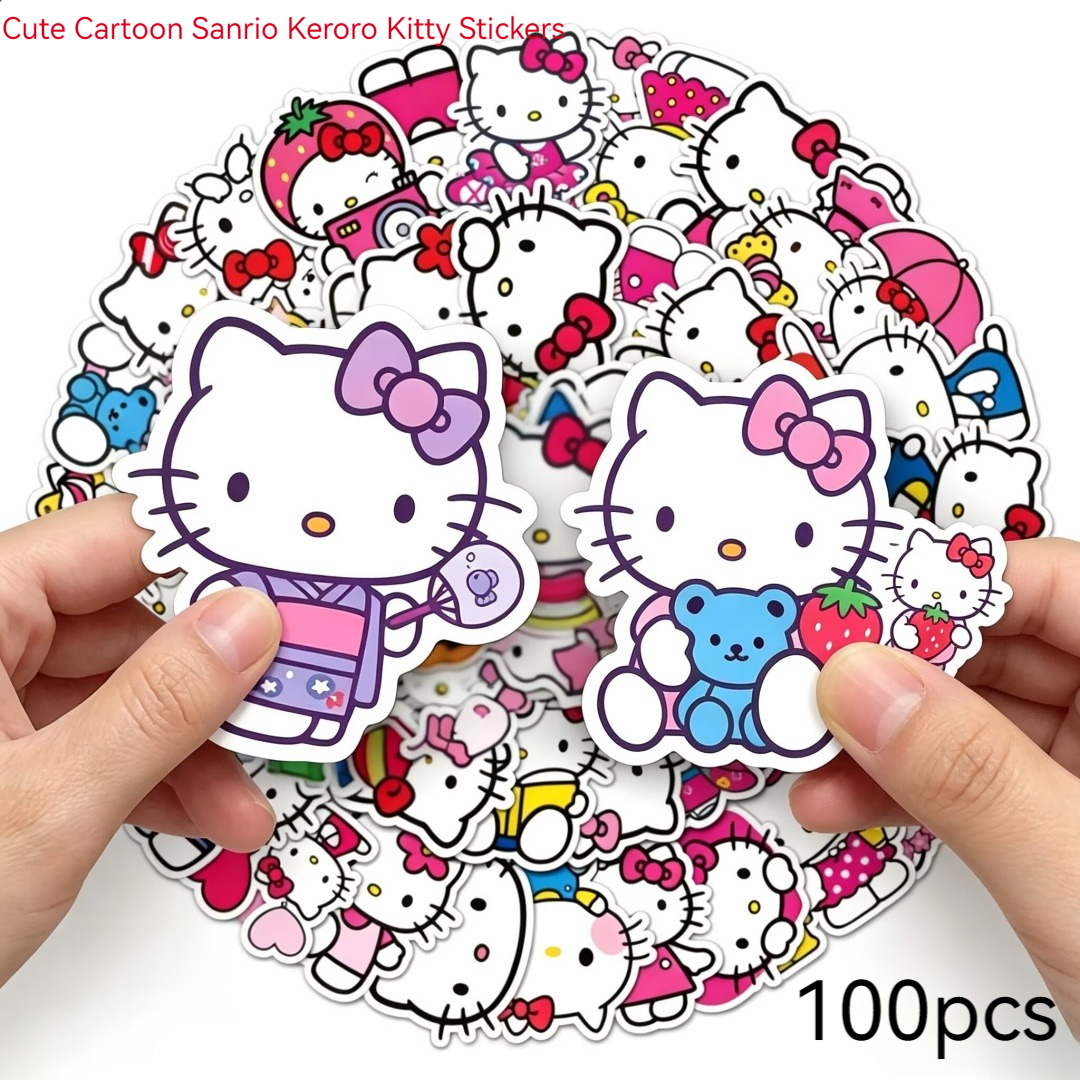 Image of 100 Hello Kitty Stickers, Suitable For Water Bottles, Refrigerators, Books, Luggage, Tables, Helmets, Skateboards, Cameras, Guitars, Laptops - Perfect For Gifts And Decoration!