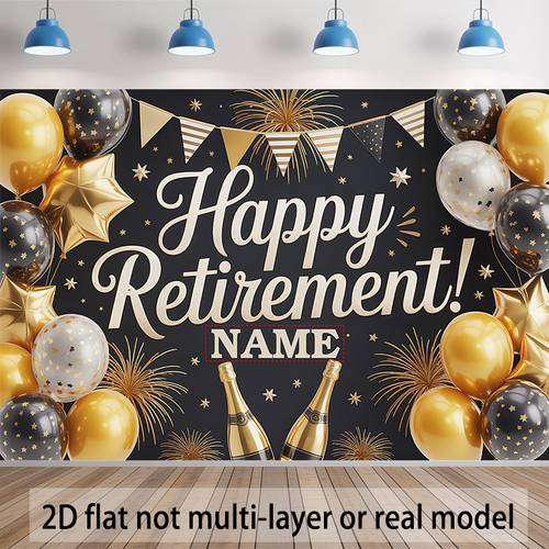 2d flat 1pc personalized retirement banner custom name party decoration with fireworks design black colors durable polyester banner for retirement birthday wedding photo backdrop easy to hang celebration decor event signage festive theme print decorative sign event organizers 2d flat