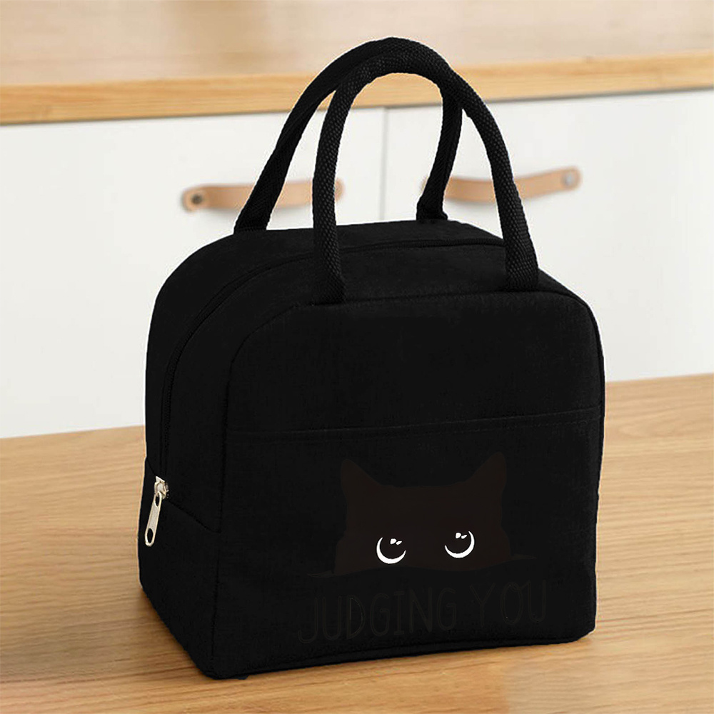 TEMU 1pc Large Capacity Lunch Tote Bag With Peeking Black Cat & Silent Face Suitable For , Picnic,, - Zipper Closure Rectangular Lunchbox Carrier For