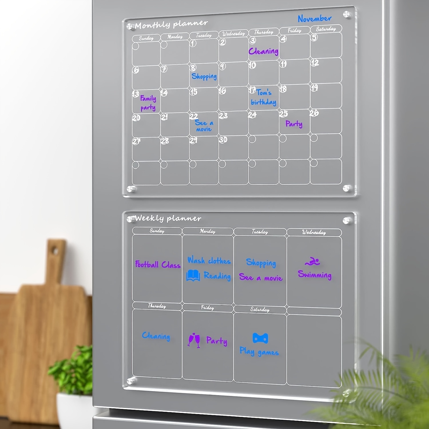 TEMU 2pcs Magnetic Dry Erase Board Calendar With Magnetic Base & Transparent - Reusable Weekly/monthly Planner Suitable For Refrigerator, Office,,
