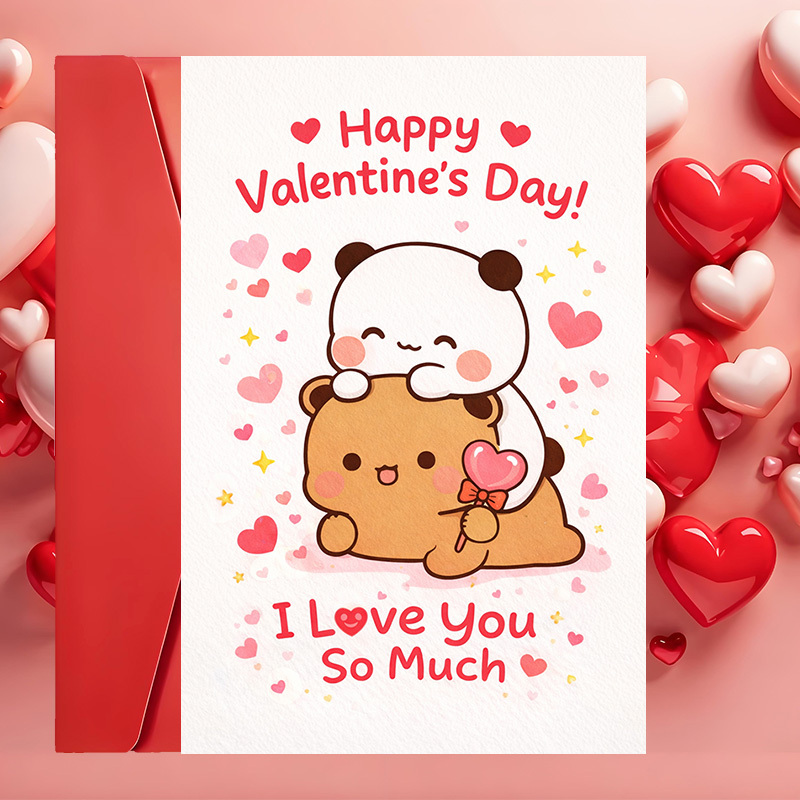 Image of 1 Greeting Card + 1 Envelopecute Valentine Day Greeting Card With Adorable Bear And Panda Design Perfect For Couples And To Love And On Romantic Occasions(envelope + Card)