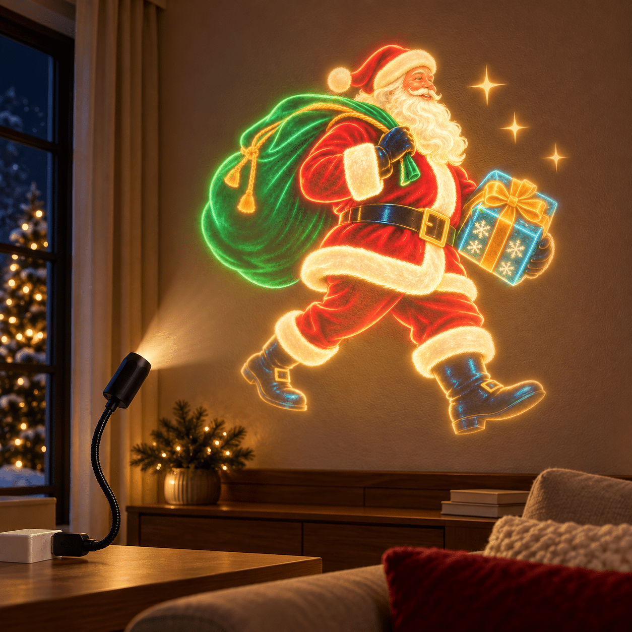 TEMU 1pc Usb-powered Walking Santa Claus Projector Lamp With Sack & Present Projection Light, Flexible Gooseneck Adjustable Arm Suitable For