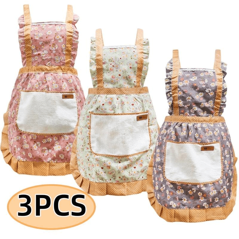 TEMU 3pcs Floral Princess Aprons, Random Colors With Adjustable H-shaped Straps, Hand-wipe Pockets, Polyester Fiber - Ideal For Cooking, Baking,