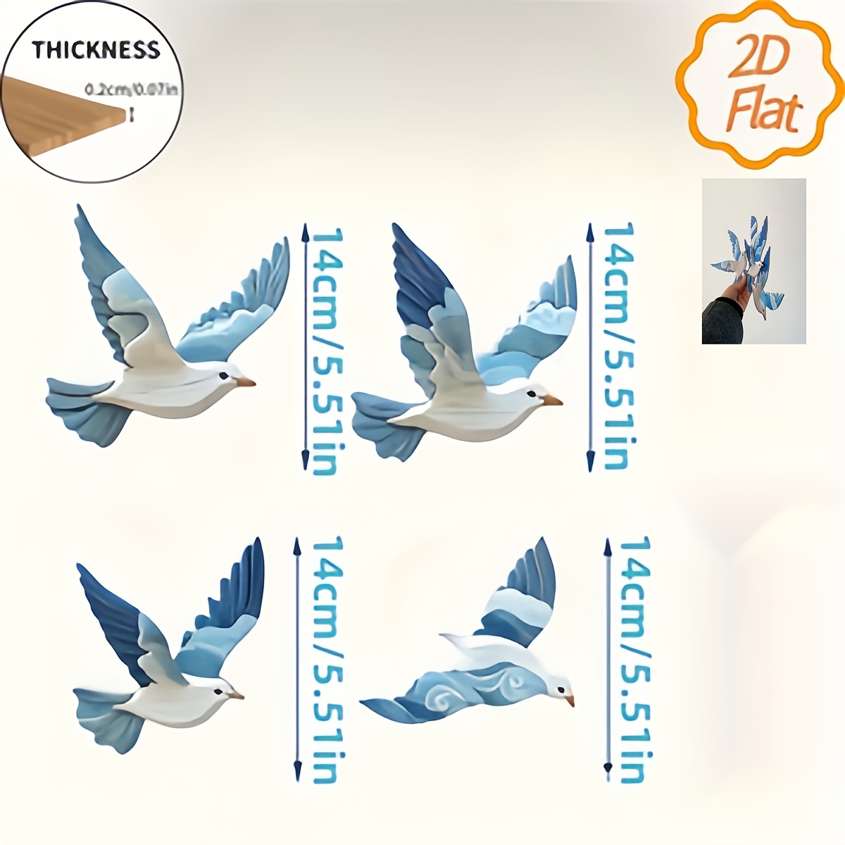 2d Flat, 2d Flat 4pcs Set, 4pcss 2d Creative Blue Wooden Wall Hanging Decorative Plaque, For Home Decoration