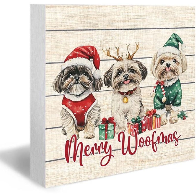 TEMU 2d Flat, 2d Flat Shih Tzu Christmas Wood , Merry Desk Shelf Decor, Dog Christmas Decorations, Xmas Dog Gifts Xmas Holiday Winter Wooden Block