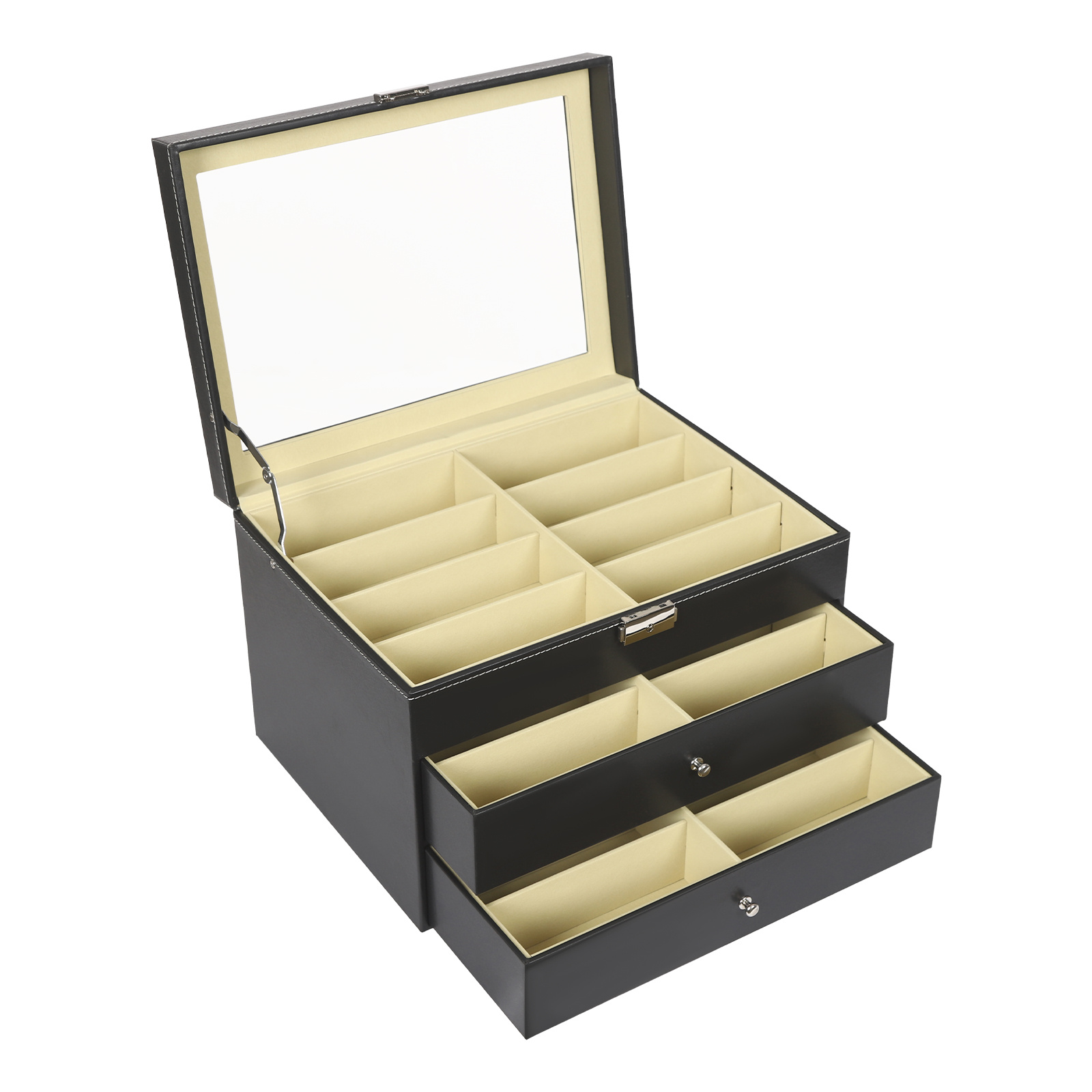 24-compartment Eyeglass Display Case | 3-tier Jewelry Organizer With , Clear Glass Lid & Soft Velvet Interior, Stores Glasses/watches/earrings, , Wood Material, Jewelry Boxes