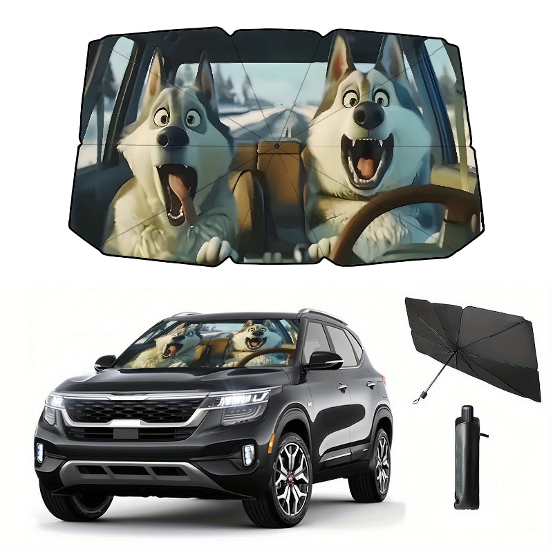 TEMU Humorous Husky Uv Protection Car Sunshade Umbrella - Uv Protection, Foldable And Easy To Store, Fits Most Vehicles, Polyester Material With For