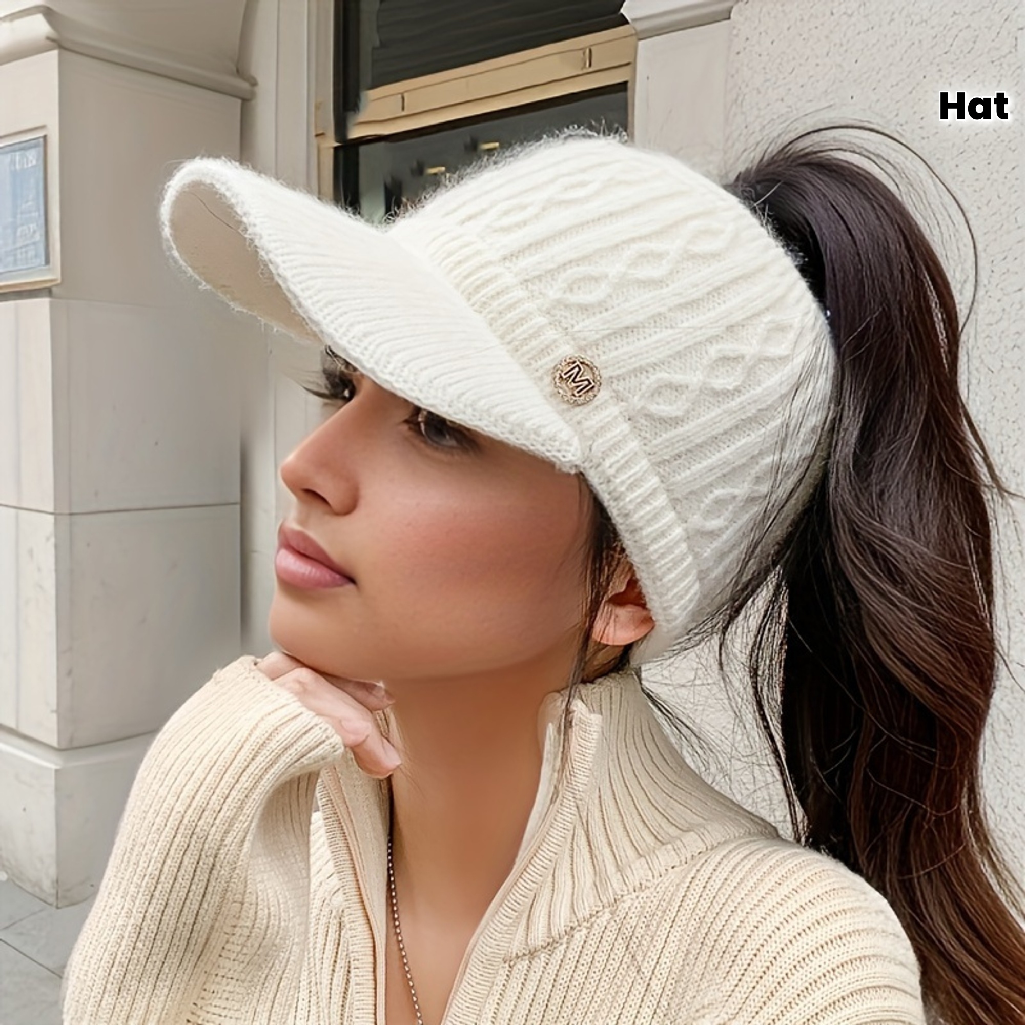 TEMU M Letter Baseball Cap, Winter Women's Hat, Ponytail Hat, Ponytail Hat With Ear Flaps, Thick Plush-lined Stretch Hat, Plush-lined Thickened