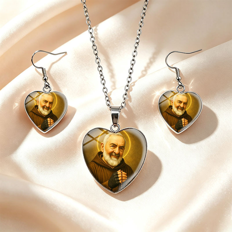 TEMU Set di gioielli unisex vintage a , 3 pezzi/set, con ' Ratisbonense, collana con ciondolo a forma di cuore con rosario, orecchini, senza batteria