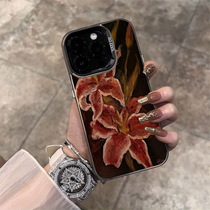 Oil Painting Lily Flower Vintage Pattern Suitable for TPU Case for iPhone 16 PRO MAX, iPhone 15/14 PLUS/13 Pro/12/X/XR/XS MAX Durable Anti-Drop Colorful Silvery Protective Cover with High Aesthetic Appeal