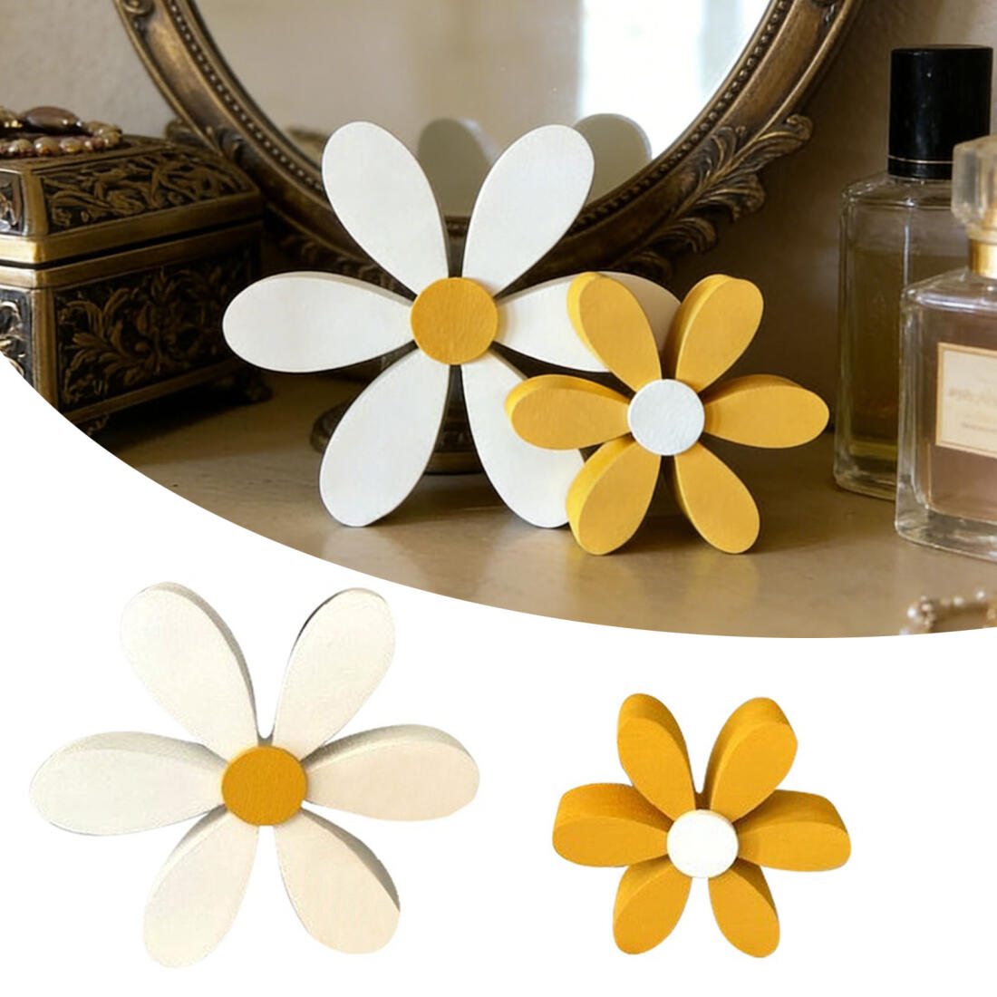 2pcs set spring   style wooden daisy desktop decorative ornaments designed for indoor   on desk or table featuring   shapes to create   seasonal atmosphere and cozy decorative accent statue figurine