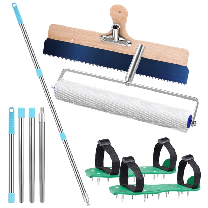 Image of Cement And Paint Construction Tools, Professional Concrete Floor Kit With Adjustable Threaded Rod, Rake, Roller And Spiked Shoes For Garage Floor Leveling Work