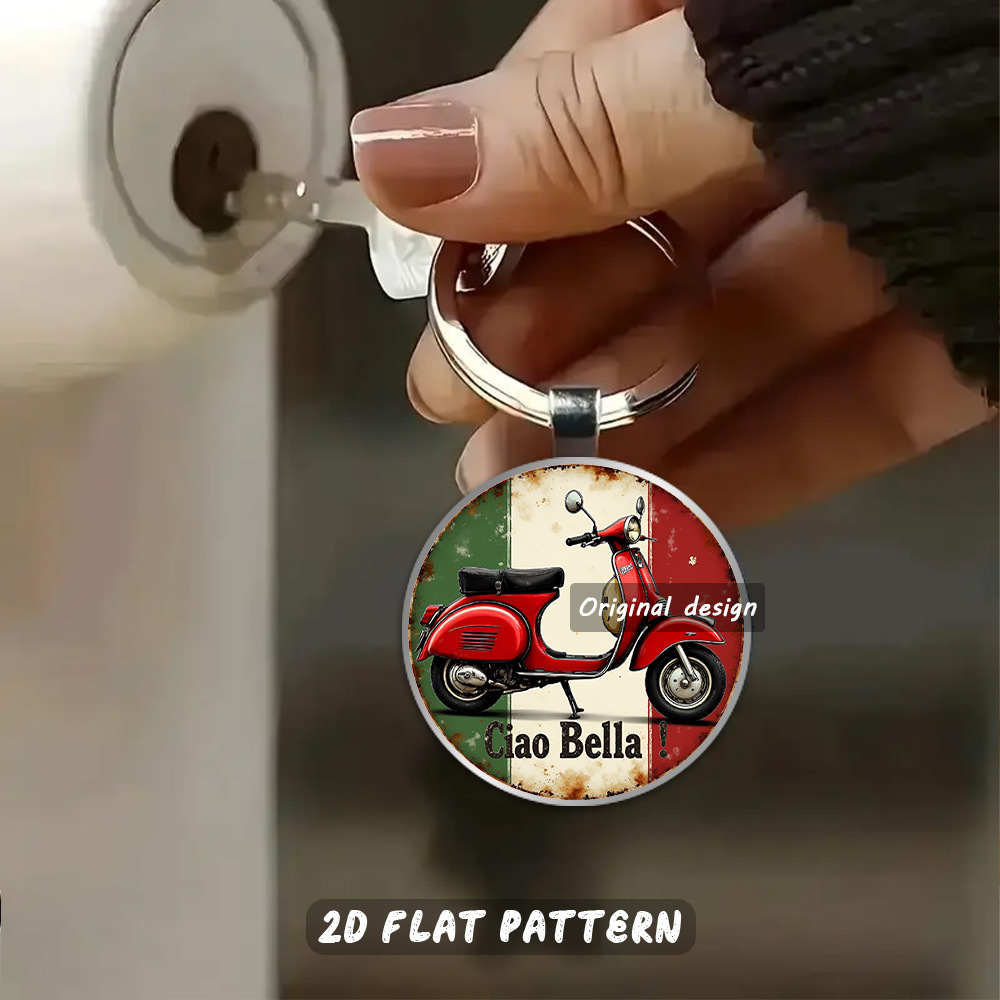 TEMU 1pc Metal Frame Keychain With Glass Dome 3×6cm - Artistic Keepsake, Red Scooter Charm - Vintage Italian Flag Backdrop With ' Bella' Accent -