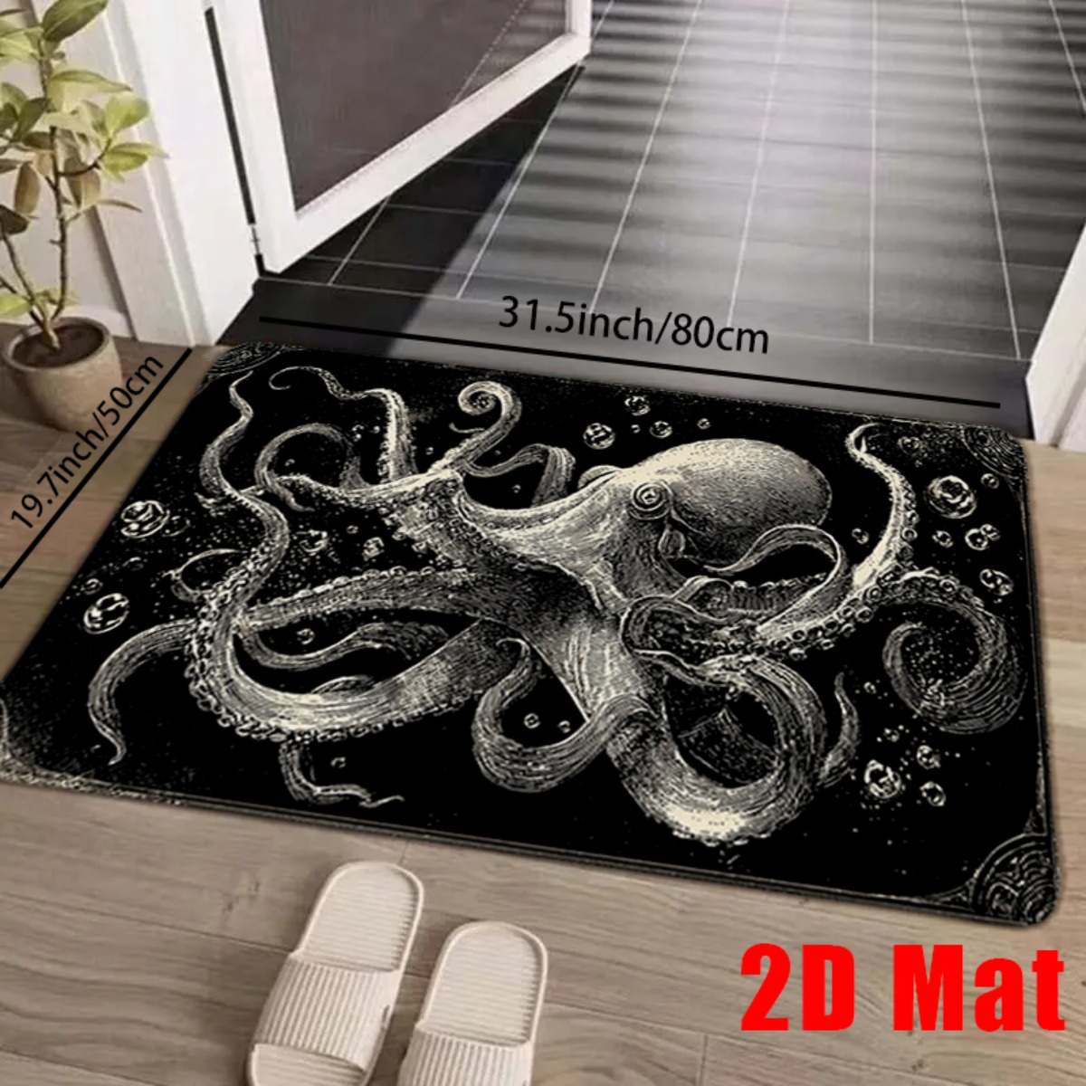 TEMU 2d Mat 1pc, Vintage Style Flannel Octopus Floor Mat With Artistic Marine Illustration, Soft And Durable Anti-slip Surface, Nautical-themed Home