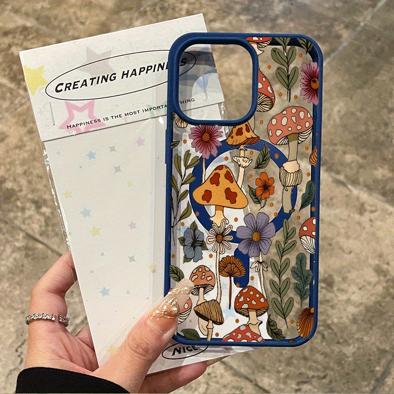 Case for iPhone 16 Pro Max 16e 15 Plus 14 13 12 11 XS Max XR X Forest Mushroom Magnetic Fit Pattern Shockproof Silicone Non-Yellowing Transparent Protective Smartphone Colorful border Cover Gift