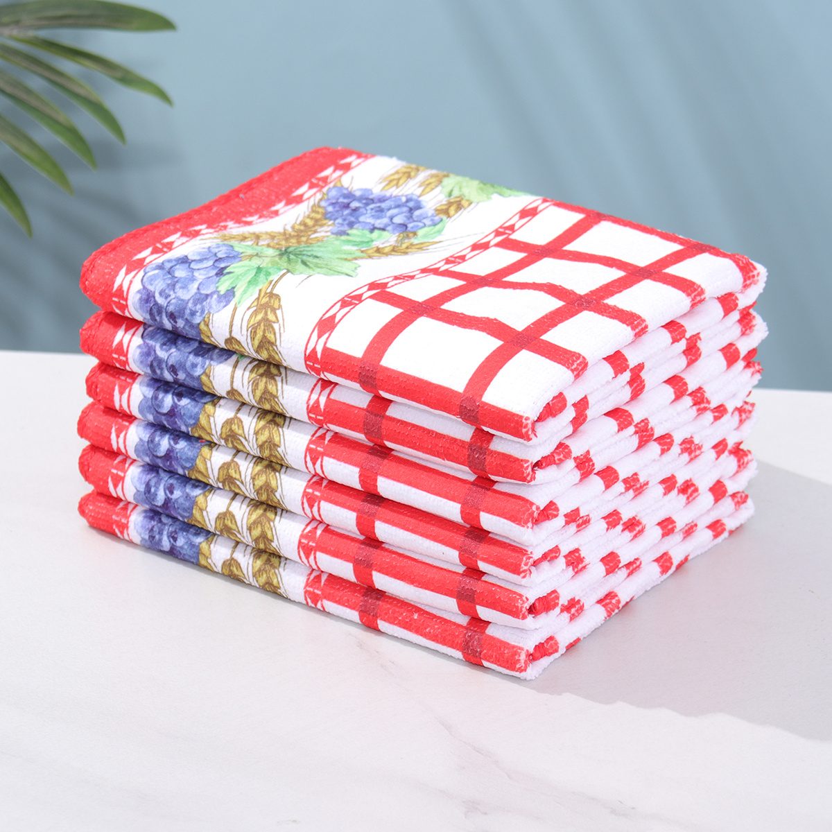 TEMU Set Of 6 Reusable Kitchen Towels, Dishcloths, And Cleaning Cloths, Featuring Large Colorful Checkered Patterns And Printed Coffee Cup Designs,
