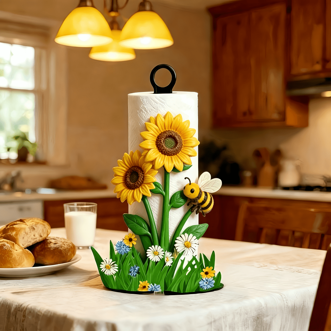 TEMU 2d Printed Vivid Sunflower And Bee-shaped Floral Kitchen Paper Towel Holder, A Kitchen Paper Holder For The Countertop. Paper Towels Not