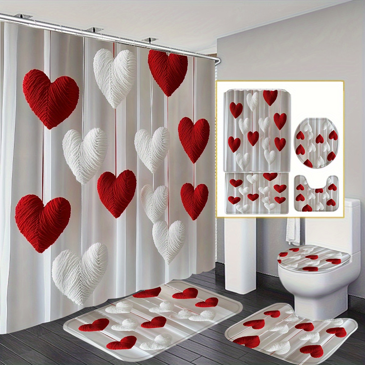 

Home Decoration Love Print 1/ 4pcs Home Decor Shower Curtain Set, Waterproof Shower Curtain With 12 Hooks, Non-slip Bathroom Rug, Toilet U-shaped Mat, Toilet Lid Mat, Bathroom Decor