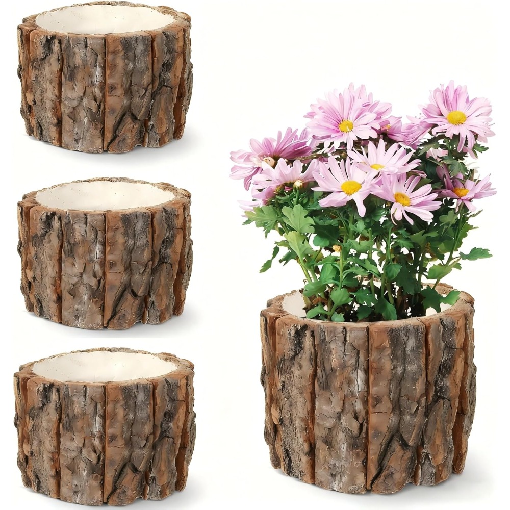 Image of 4pcs Wooden Vase Home Decor Rustic Flower Vases Vintage Wooden Planter Pots For Centerpieces Woodland Party Wedding Table Decor Farmhouse Buckets Bark Stump Decorative Items