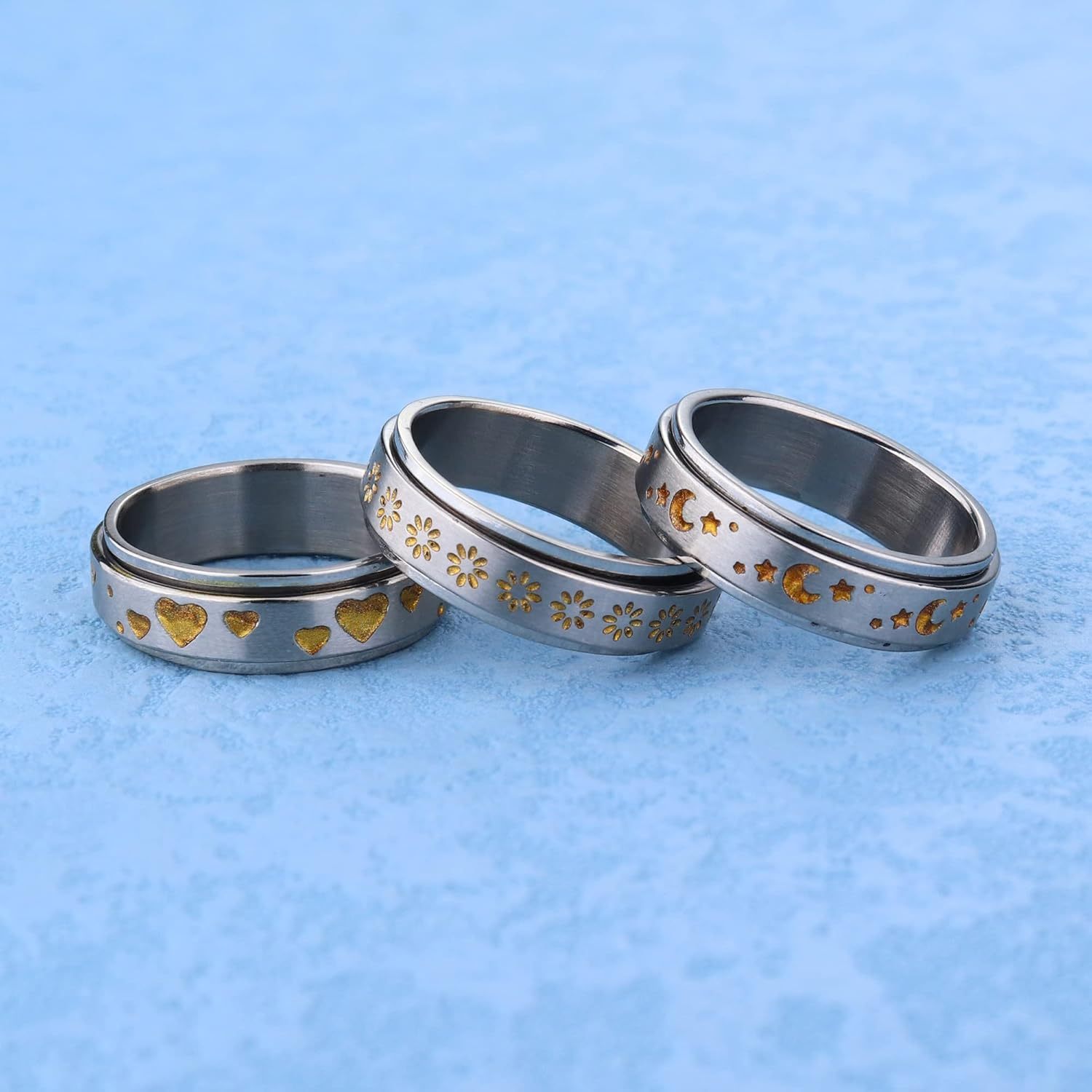 6pcs 316l stainless steel spinner rings fidget rings for anxiety for men anti anxiety ring with beads sunflower moon star stress relieving rings set for teenager Product details 1