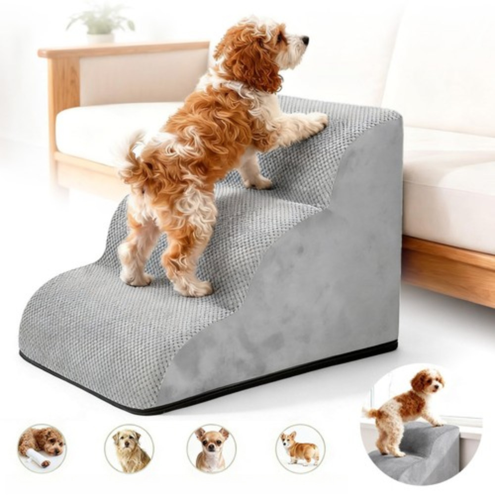 Image of 3 Steps Pet Stairs For Small Dogs Cats, Pet Steps For High Bed Couch Sofa, Soft Portable Pet Ramp Stairs With Stable Bottom, Pet Climbing Ladder