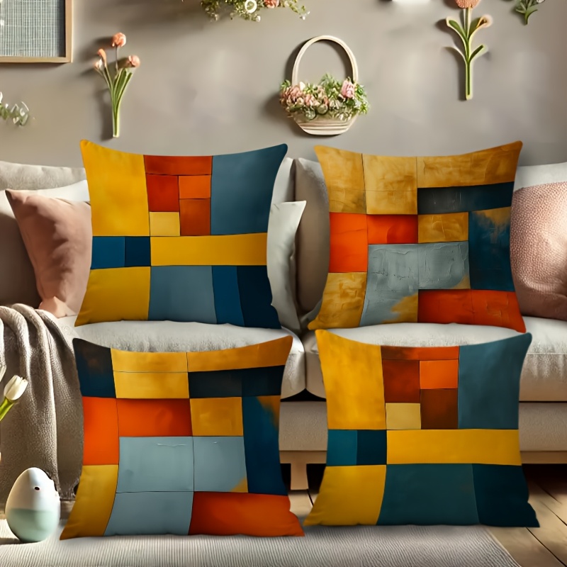 TEMU Parure de 4 taies d'oreiller 2D plates à de couleur géométriques, housses de coussin de luxe léger style vintage Ins pour canapé de salon,
