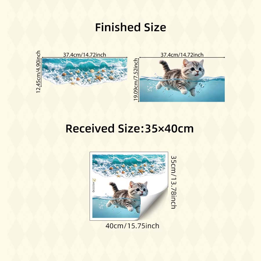Image of Cute Kitten Ocean Wave Toilet Tank Sticker, Self-adhesive Bathroom Decor Decal With Starfish, Seashells, And Water