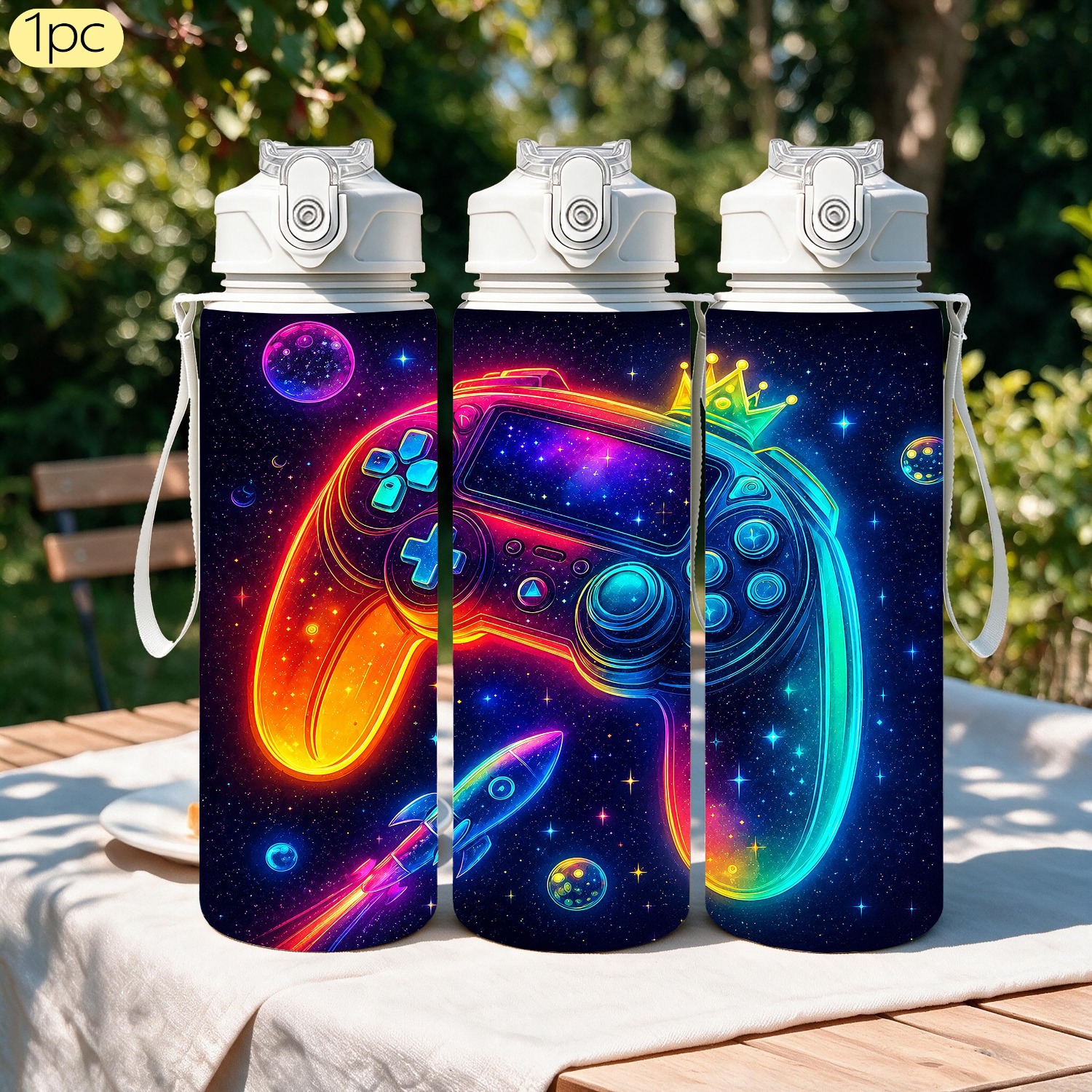 item picture 1pc cyberpunk style game controller pattern neon esports trend 750ml 26oz plastic sports water bottle cute printed design leak proof with   up lid lightweight sturdy and durable large capacity reusable suitable for office gym