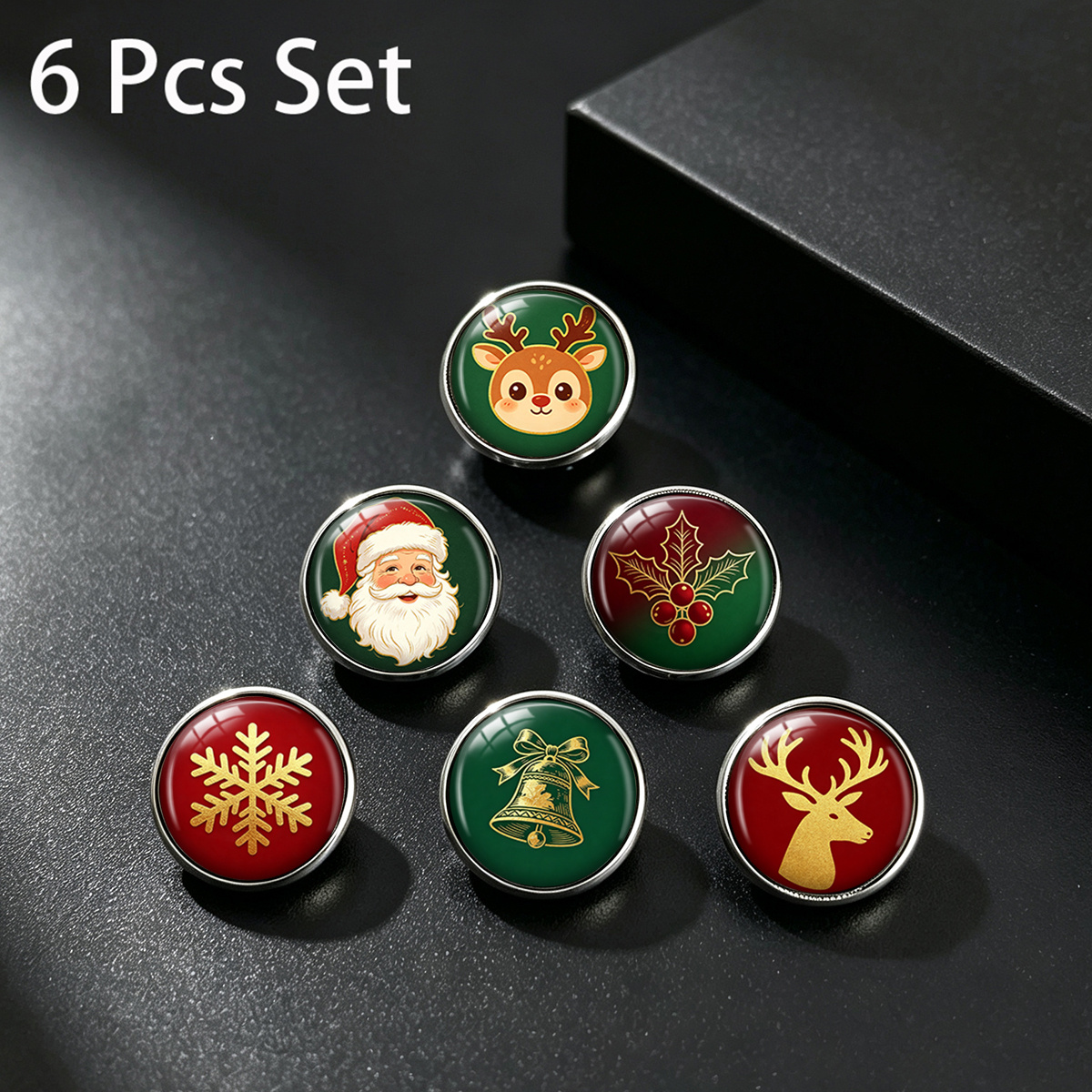 TEMU 6pcs Santa Reindeer Snowflake Bell Holly Printed Stainless Steel Lapel Pin Set Christmas Unisex Accessory Brooch