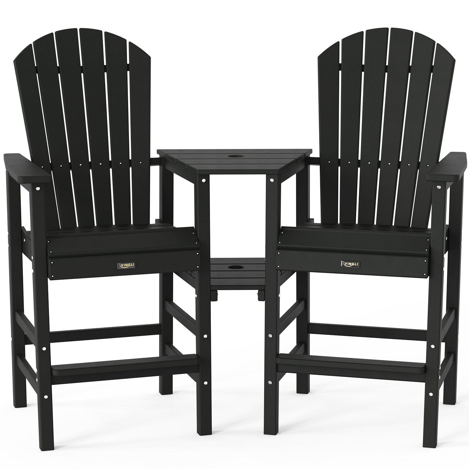 2pcs High-legged Adirondack Chair Set, All-weather High-density Polyethylene (HDPE) Bar Stool, Outdoor Chair with Double Tray and Parasol Opening, Suitable for Balconies, Poolside, Backyards, and Patios.